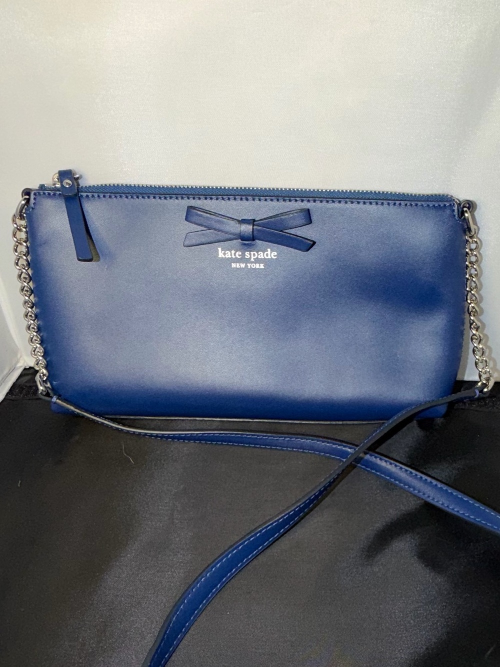 Kate Spade New York Blue Leather Bow Crossbody Shoulder Bag Zip Top Purse